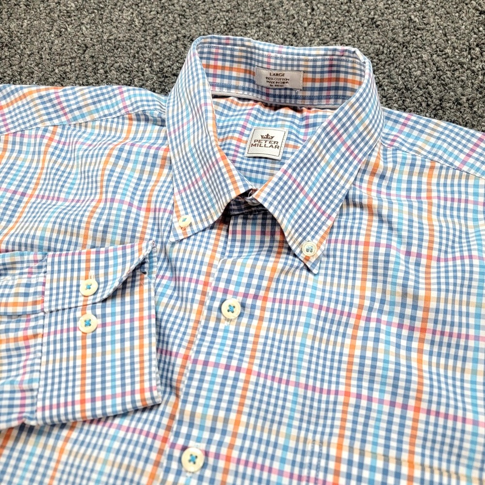 Peter Millar Shirt Mens Large Blue Plaid Cotton Button Down Preppy Office Casual